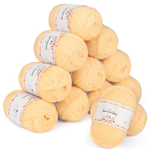Aeelike 600g(12x50g) Häkelgarn Baumwolle zum Stricken, Langlebige Amigurumi-Set Polyacryl Baumwollgarn, 5Ply Garn zum Häkeln für Socken, Mützen, Schals, Pullover, Puppen, Gelb von Aeelike