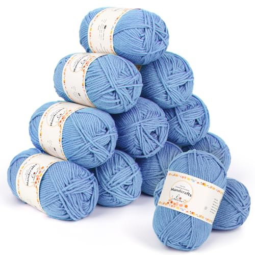 Aeelike 600g(12x50g) Wolle Baumwollgarn zum Häkeln, Strickgarn 100% Polyacryl Häkelwolle Bunt Zum Stricken, Häkeln und Kunsthandwerk, 5Ply Acrylwolle Set Baumwolle für Anfänger, Profis, Hellblau von Aeelike