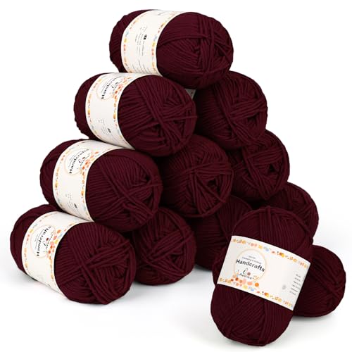Aeelike 600g(12x50g) Wolle zum Stricken aus Acryl, 5Ply Acrylic Baumwolle zum Häkeln, Cotton Yarn Wolle Bunt Set für Anfänger, Erfahrene Stricker, Burgunderrot von Aeelike