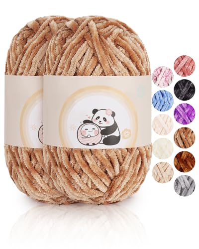 Aeelike 200g Chenille Garn zum Stricken, Weich Chunky Chenille Fluffy Yarn, Flauschige Samt Velvet Chenille Wolle zum Häkeln, Warme Plüschwolle für Mützen, Schals, Decken, Hell Khaki von Aeelike