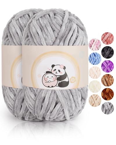 Aeelike 200g Warme Chenille Wolle zum Stricken, Flauschige Dicke Garn zum Handstricken, Samt Velvet Babywolle zum Häkeln, Weich Plüschwolle für Amigurumis Babydecke, Hellgrau von Aeelike
