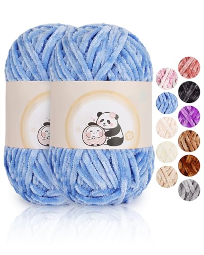 Aeelike 200g Chenille Babywolle zum Stricken, Weich Chunky Chenille Fluffy Yarn, Flauschige Samt Velvet Chenille Wolle zum Häkeln, Warme Plüschwolle für Mützen, Schals, Decken, Himmelblau von Aeelike