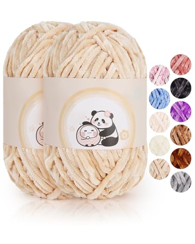 Aeelike 200g Chenille Garn zum Häkeln, Weich Chunky Chenille Fluffy Yarn, Flauschige Samt Velvet Chenille Wolle zum Stricken, Warme Plüschwolle für Mützen, Schals, Decken, Kamel von Aeelike
