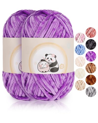 Aeelike 200g Chenille Babywolle zum Stricken, Weich Chunky Chenille Fluffy Yarn, Flauschige Samt Velvet Chenille Wolle zum Häkeln, Warme Plüschwolle für Mützen, Schals, Decken, Violett von Aeelike