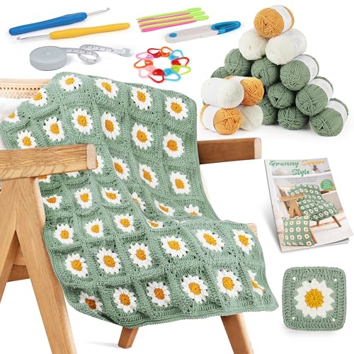Aeelike Granny Square Decke Häkelset für Anfänger, Starter Häkelset mit Häkelnadeln 3,5mm 4,0mm, 5 Ply Häkelgarn, Zubehör, Häkel Set mit Schritt-für-Schritt-Anleitung, Grün Gänseblümche Aeelike Granny Square Decke Häkelset für Anfänger, Starter Häkelset mit Häkelnadeln 3,5mm 4,0mm, 5 Ply Häkelgarn, Zubehör, Häkel Set mit Schritt-für-Schritt-Anleitung, Grün Gänseblümche von Aeelike