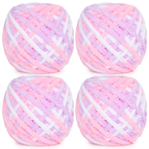 Aeelike Grobes Garn zum Häkeln, 4 x 100 g, weiches, mehrfarbiges Häkelgarn, dicke dicke Wolle zum Stricken von Decken, Pullovern, Taschen und Plüschprojekten – Rosa, Lila und Weiß, flauschiges von Aeelike