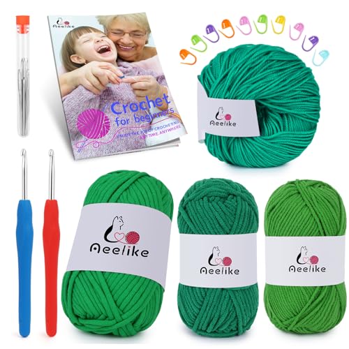 Aeelike Häkelgarn-Set für Anfänger, 4 verschiedene Materialien, grüne Garne (Polyester, Baumwolle, Acryl, Milchbaumwolle) und 2 ergonomischen Haken (G&7), ideales Anfänger-Häkelset für Anfänger von Aeelike