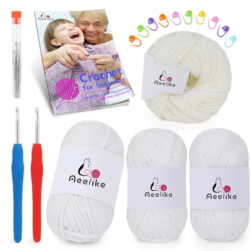 Aeelike Häkelgarn-Set für Anfänger, 4 verschiedene Materialien, weiße Garne (Polyester, Baumwolle, Acryl, Milchbaumwolle) und 2 ergonomischen Haken (G&7), ideales Anfänger-Häkelset für Anfänger von Aeelike