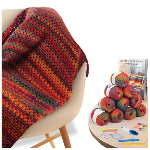 Aeelike Häkelset für Anfänger Erwachsene - Retro Farbverlauf Multi Rot Häkeldecke Kit mit Anleitung & Ombre Garn Wolle - zum Häkeln Granny Stripe Decke von Aeelike