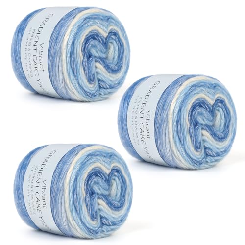 Aeelike Kuchengarn zum Häkeln, 3 Knäuel, Farbverlaufsgarn, 100 g, 245 m, # 3, leicht, weiche Ombré-Garne, Fairyland-Garne, Regenbogenfarben für bunte Bastelarbeiten, Blau-Gelb-Farbverlauf von Aeelike
