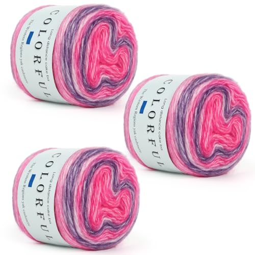 Aeelike Kuchengarn zum Häkeln, 3 Knäuel, Farbverlaufsgarn, 100 g, 245 m, # 3, leicht, weiche Ombré-Garne, Fairyland-Garne, Regenbogenfarben für bunte Bastelarbeiten, Lotusviolett-Farbverlauf von Aeelike