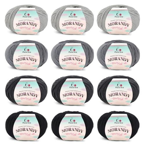 Aeelike Merinowolle Garn zum Stricken - 12 x 50g Weiches Merinogarn zum Häkeln von warmen Socken, Mützen, Decken, Schals, Kleidung - Schwarz Grau Serie - Strickwolle Set für Anfänger Aeelike Merinowolle Garn zum Stricken - 12 x 50g Weiches Merinogarn zum Häkeln von warmen Socken, Mützen, Decken, Schals, Kleidung - Schwarz Grau Serie - Strickwolle Set für Anfänger von Aeelike