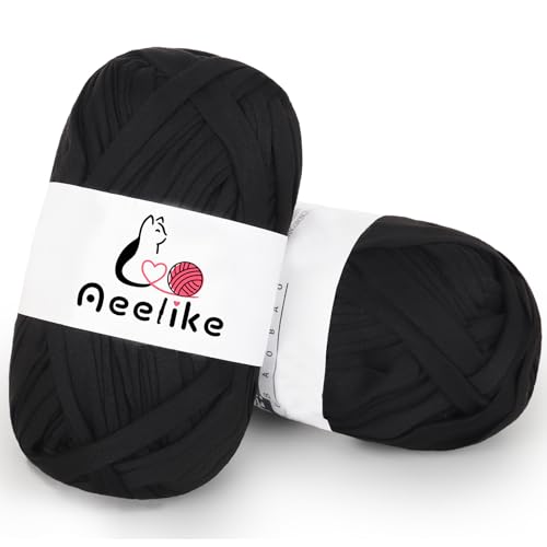 Aeelike T-Shirt Wolle, Weiches Strickgarn, Wolle zum Häkeln, Körbe, für Taschen, Decken, Heimdekoration 2x100g (schwarz) von Aeelike