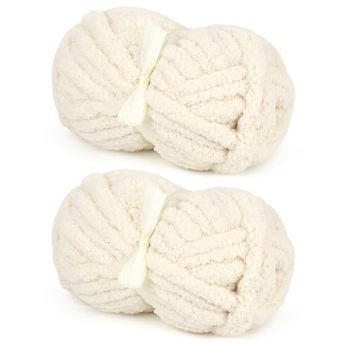 Cremefarbenes grobes Chenille-Garn für einfaches Häkeln und Handarmstricken, super sperriges, weiches, warmes flauschiges Plüschgarn für Decken, große dicke Chenille-Garne für Anfänger (2 Stück, je 28 von Aeelike
