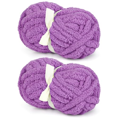 Eustoma lilafarbenes grobes Chenille-Garn zum Häkeln und Stricken, super sperriges, weiches, warmes, flauschiges Garn für Decken, große dicke Chenille-Garne für Anfänger (2 Stück, je 28 m) von Aeelike