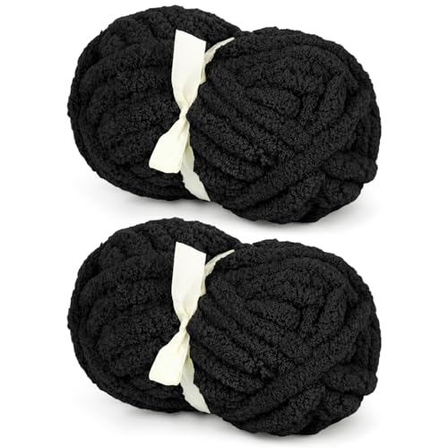 Grobes Chenille-Garn für einfaches Häkeln, Hand- und Armstricken, Tintenschwarz, super sperrig, weiches Plüsch, warm, flauschiges Garn für Decken, große dicke Chenille-Garne für Anfänger (2 Stück, je von Aeelike