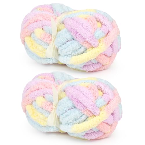 Riesiges grobes Chenille-Garn für Decke, Macaron, gemischte Farben, super sperrig, weich, flauschiges Chenille-Garn, Batikfärbung, Anfängergarne zum Häkeln und Armstricken (2 Stück, je 28 Meter) von Aeelike