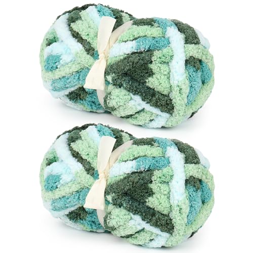 Riesiges grobes Chenille-Garn für Decke, Turmalingrün, gemischte Farben, super sperrig, weich, flauschiges Chenille-Garn, Batikfärbung, Anfängergarne zum Häkeln und Armstricken (2 Stück, je 28 Yards) von Aeelike