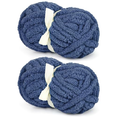 Twilight Blue Chunky Chenille-Garn zum Häkeln und Stricken, super sperriges, weiches, warmes, flauschiges Plüschgarn für Decken, große dicke Chenille-Garne für Anfänger (2 Stück, je 28 m) von Aeelike