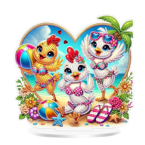 Aeepics DIY Diamond Art Tabletop Kit für Erwachsene, Acryl Desktop Diamant Malerei Kit Ornament, Stand Up Diamond Art Painting Board Kit (Lady Chicken on the Beach) von Aeepics