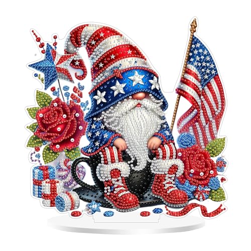 Aeepics DIY Diamond Art Tabletop Kit für Erwachsene, Acryl Desktop Diamanten Malerei Kit Ornament, Stand Up Diamond Art Painting Board Kit (Gnom und Amerikanische Flagge) von Aeepics