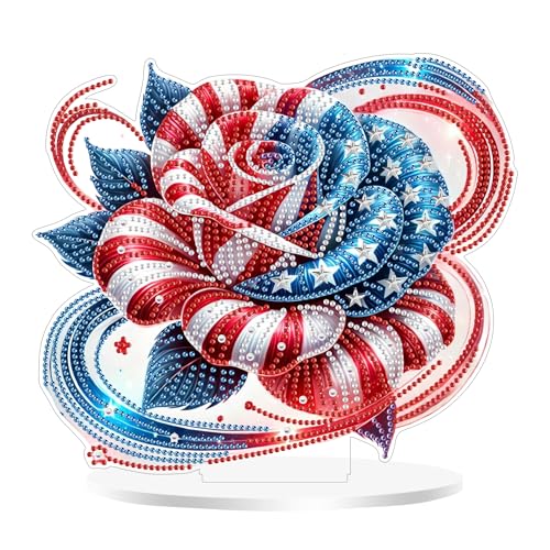 Aeepics DIY Diamond Art Tabletop Kit für Erwachsene, Acryl Desktop Diamanten Malerei Kit Ornament, Stand Up Diamond Art Painting Board Kit (Rose und Amerikanische Flagge) von Aeepics