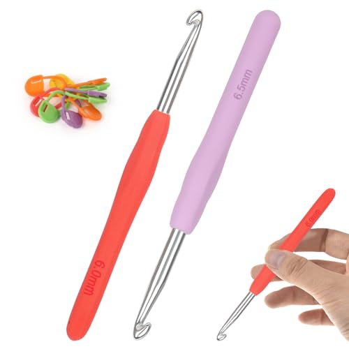 Aeeque Häkelnadel Set - 6,0 mm, 6,5 mm Aluminium Häkelnadeln Mit Gummigriff, 2 Stücke Leicht TPR Für Arthritis, Bunt Metal Zum Häkeln Schal, Pullover, Mützen von Aeeque