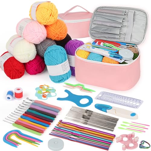 Aeeque 82 PCS Komplette Häkelsets für Kinder, Anfänger, 12 Acryl Wolle Häkelset, Rosa Häkelset mit Ergonomischem Gummi Häkelnadeln und Metall Häkelnadlen Set, Häkeln Set für Decken, Babysachen, Puppen von Aeeque