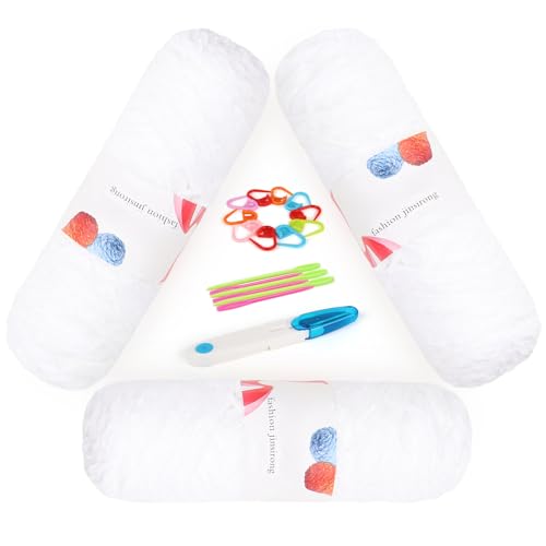 Aeeque Chenille Wolle, 3×100g Samt Chenillegarn Set, Weich Chenille Wolle zum Häkeln, Flauschige Strickwolle, Plüschwolle Chenillegarn für Mützen, Schals, Puppen, Pullovern (Garnweiß) von Aeeque