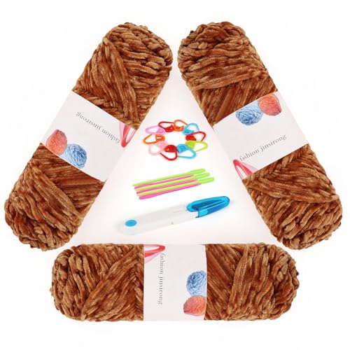 Aeeque Dicke Wolle, Chenille Wolle zum Häkeln Häkeltiere Mütze und Körbe, Plüschwolle Weich Häkelgarn Babywolle, Flauschige Chunky Stricken Wolle, 3 x 100g Chenille GarnKaramell Aeeque Dicke Wolle, Chenille Wolle zum Häkeln Häkeltiere Mütze und Körbe, Plüschwolle Weich Häkelgarn Babywolle, Flauschige Chunky Stricken Wolle, 3 x 100g Chenille GarnKaramell von Aeeque
