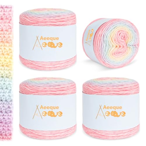Aeeque Farbverlaufsgarn Baumwolle, 400g Gradient Wolle zum Stricken, 245m Superweiche Dicke Wolle zum Häkeln, Mehrfarbiges Farbverlaufswolle zum Stricken Schal, Mütze, Decke (Macaron Farbverlauf) von Aeeque