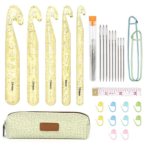 Aeeque Groß Häkelnadel Kunststoff, 5 Stücke Häkelnadeln Set mit Zubehör, 12 mm, 15 mm, 18 mm, 20 mm, 25 mm, Licht Häkelnadeln zum Häkeln Schals, Decke, Teppich, Häkelnadel für Anfänger, Kinder (17cm) Aeeque Groß Häkelnadel Kunststoff, 5 Stücke Häkelnadeln Set mit Zubehör, 12 mm, 15 mm, 18 mm, 20 mm, 25 mm, Licht Häkelnadeln zum Häkeln Schals, Decke, Teppich, Häkelnadel für Anfänger, Kinder (17cm) von Aeeque
