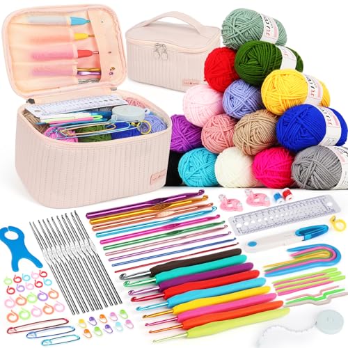 Aeeque Häkelset für Anfänger, 102 Stück Häckel Kit für Anfänger, Tragbar Häkel Set mit 15 Wolle und 0.6-8mm Ergonomisch Häkelnadeln, Häkelset zum Häkeln Schals, Pullover, Decke (Rosa Tasche) Aeeque Häkelset für Anfänger, 102 Stück Häckel Kit für Anfänger, Tragbar Häkel Set mit 15 Wolle und 0.6-8mm Ergonomisch Häkelnadeln, Häkelset zum Häkeln Schals, Pullover, Decke (Rosa Tasche) von Aeeque