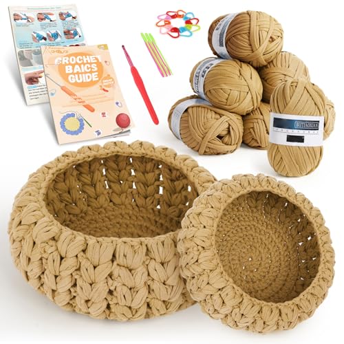 Aeeque Korb Häkeln Set, Textilgarn zum Häkeln für Körbe, Häkelset für Anfänger mit Anleitung zum Häkelkorb, DIY Häkeln Schalen Set, Starter Häkel Set Lernen (Kamelfarbe) von Aeeque