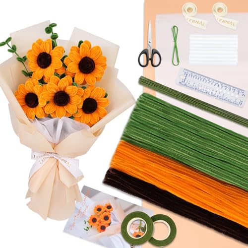 Aeeque Pfeifenreiniger zum Basteln, 280 Stück Sonnenblumen Strauß Pfeifenreiniger für Erwachsene DIY, Pfeifenputzer Blumen Set mit Grünem Bastelfaden, Geschenkband, Klebeband, Anleitung von Aeeque