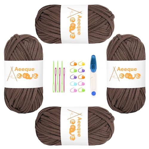 Aeeque 4 x 100g Tshirt Garn, T-shirt Garn zum Häkeln und Stricken, Bändchengarn für Körbe,Dicke Häkelgarn für Häkeltaschen, Teppiche, Mütze, Dunkel Khaki von Aeeque