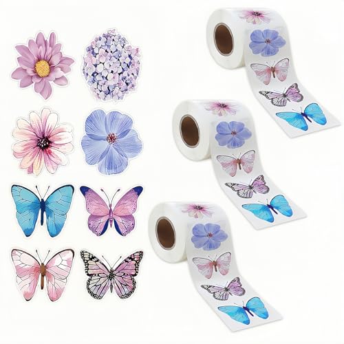 1500 Stcs Schmetterlingsblumenaufkleber Rollen, Farbenfrohe Federblumblumenabziehbilder, 3D Cute Roll Aufkleber für Verpackungsdichtungsbeutel, DIY -Umschlagkarten Sammelalbumhülle Party von Aelmiyw