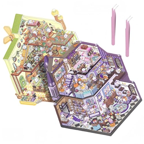 2 Sätze Super Großer DIY 3D -Hausaufkleber (30x21x0.5 cm) mit 2 PCs Pinzetten, Aufkleber -Therapie -Kit für Erwachsene, DIY 3D -Aufkleber -Szene für Erwachsene und Kinder zum Erleichterung von Aelmiyw