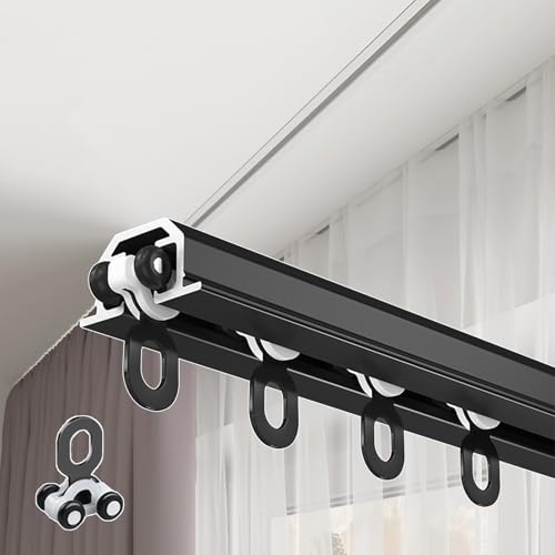 Versteckte Versenkte Gardinen-Schiene Decke aus Aluminium mit Geräuscharmer Riemenscheibe, Schiebegardinen Schiene Vorhangschiene Curtain Rail für Duschvorhänge Wohnzimmer(Schwarz,5.4m(17.7ft)) von Aeovot