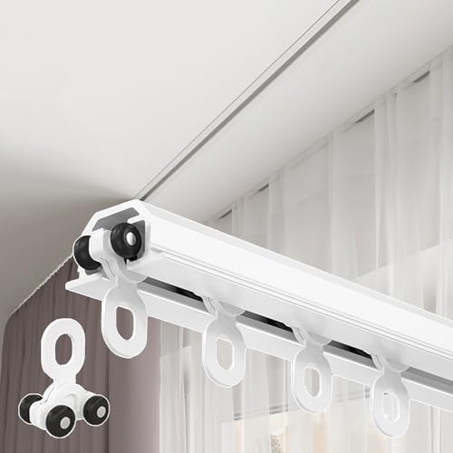 Versteckte Versenkte Gardinen-Schiene Decke aus Aluminium mit Geräuscharmer Riemenscheibe, Schiebegardinen Schiene Vorhangschiene Curtain Rail für Duschvorhänge Wohnzimmer(Weiß,2.3m(7.5ft)) von Aeovot