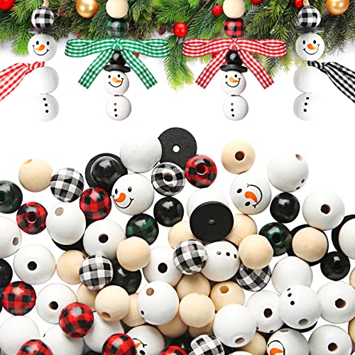Weihnachts-Holzperlen, große Winter-Schneemann, runde gebohrte Perlen, weiß, schwarz, rot, Holzkugeln, Schnur, Schal, bunt, Büffelkariert, Schmuckherstellung, 100 Stück von Aeozoel