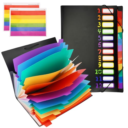 2 Stück Projektmappe A4 mit 12 Fächer, Taben und Gummizug Sortiermappe PP Kunststoff Wasserdicht Hohes Volumen Ordnersystem für Büro Hause Schule Dokumente zur Organisation von Akten (Mehrfarbig) von AetherAurora
