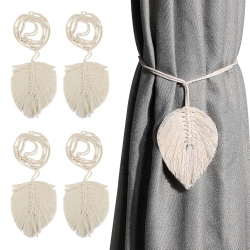 4 Stück Vorhangseil Raffhalter Baumwolle Handgestrickte Gardinenhalter Raffhalter Vorhang Blattförmiger mit Fransen Vorhangbinder Elegante für Haus, Büro, Wohnzimmer, Schlafzimmer Deko (Beige) von AetherAurora