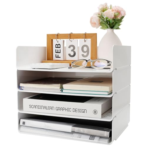 Aevcvok 4 Stück Weiß Briefablage, Ablagefächer Stapelbar, PET Dokumentenablage A4, Papierablage, Schreibtisch Organizer Ablage für Büro Office Schule Dokumente von Aevcvok