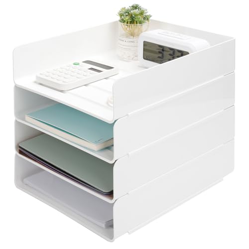 Aevcvok 4 Stück Weiß Briefablage A4 Stapelbar, Schreibtisch Ablagefächer, PET Dokumentenablage A4, Bürobedarf, Papierablage, Schreibtisch Organizer Ablage für Büro Office Zuhause von Aevcvok