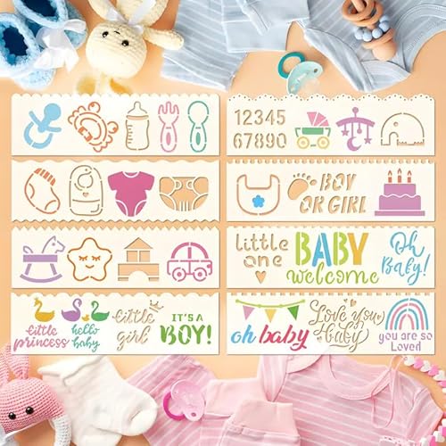 Niedliche Baby-Schablonen zum Malen, 8 Stück, wiederverwendbare Schablonen für Babyparty, Kekse, Zucker, Kuchen, Backschablonen von Aezlhjya