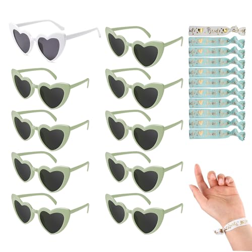 Afenau JGA Deko Frauen, 20 Stück Jungesellinenabschied Accessoires, 10 Herzförmige Brille + 10 Bride Haargummi, JGA Brille Team Braut Haargummi, JGA Sonnenbrille Frauen (Weiß + Grün) von Afenau