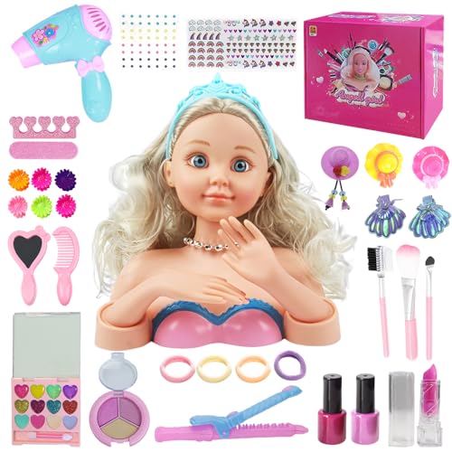 Frisierkopf Kinder, Schminkkopf für Mädchen mit Schminkkopf Haartrockner Kinderschminke Friseur Zubehör, Puppenkopf Zum Frisieren Kinder, Schminkköpfe & Frisierköpfe, Schminkpuppe für Mädchen Ab 4 von Afenau