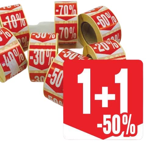 Affichesstore 30230 – Rolle mit 500 selbstklebenden Etiketten, quadratisch, 35 x 35 mm, glänzend, Aufkleber "1+1-50 %" von Affichesstore