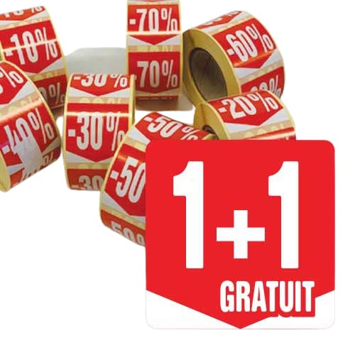 Affichesstore 30231 – Rolle mit 500 selbstklebenden Etiketten, quadratisch, 35 x 35 mm, glänzende Oberfläche, Aufkleber "1 + 1 gratis von Affichesstore